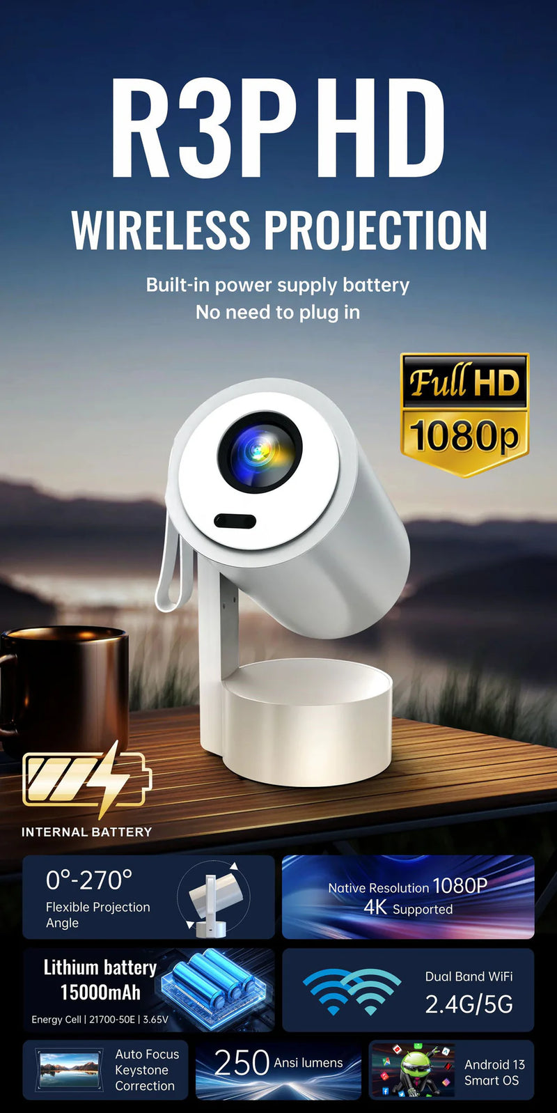 CRONY R3P Portable Mini Projector 1080P LED Smart Projector Supports 4K Decode Android with Built In Speakers