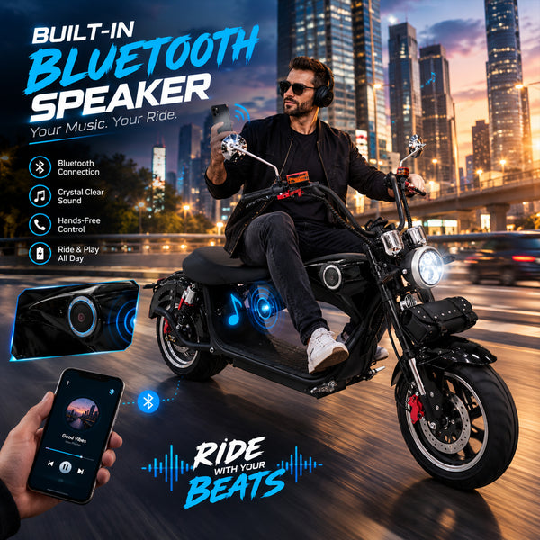 CRONY X1 Electric Motorcycle, 3000W Motor, 60V 12Ah Battery, 60-80KM/H Max Speed, 25-35KM Range, Front & Rear Disc Brakes, Front & Rear Suspension, LCD Display, LED Lights, Bluetooth Speaker, Mobile Phone Holder, Harley Bag, Black