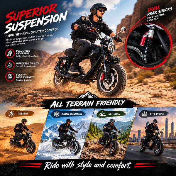 CRONY X1 Electric Motorcycle, 3000W Motor, 60V 12Ah Battery, 60-80KM/H Max Speed, 25-35KM Range, Front & Rear Disc Brakes, Front & Rear Suspension, LCD Display, LED Lights, Bluetooth Speaker, Mobile Phone Holder, Harley Bag, Black