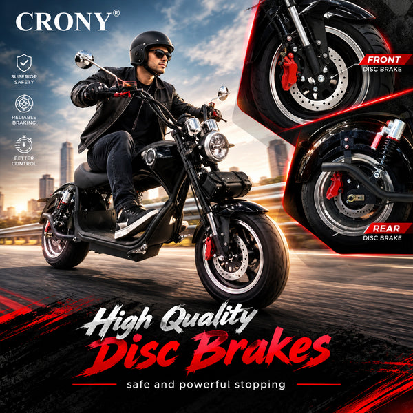 CRONY X1 Electric Motorcycle, 3000W Motor, 60V 12Ah Battery, 60-80KM/H Max Speed, 25-35KM Range, Front & Rear Disc Brakes, Front & Rear Suspension, LCD Display, LED Lights, Bluetooth Speaker, Mobile Phone Holder, Harley Bag, Black