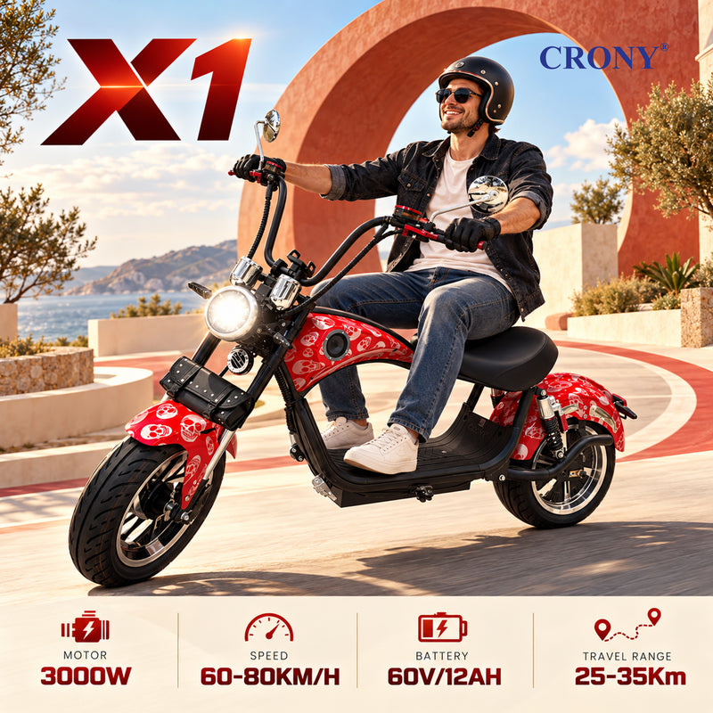 CRONY X1 Harley Electric Scooter 3000W Motor, 60V 12Ah Battery, 45KM/H High Speed, 25-35KM Range, Aluminum Alloy Frame, Front & Rear Suspension, Disc Brakes, LCD Display, LED Light, Bluetooth Speaker & Phone Holder