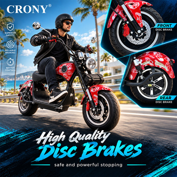 CRONY X1 Harley Electric Scooter 3000W Motor, 60V 12Ah Battery, 45KM/H High Speed, 25-35KM Range, Aluminum Alloy Frame, Front & Rear Suspension, Disc Brakes, LCD Display, LED Light, Bluetooth Speaker & Phone Holder