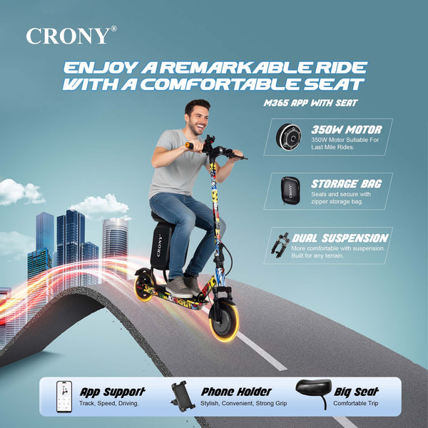 XM M365 APP+SEAT with Suspension is a foldable electric scooter designed for adult urban commuting. Powered by a 350W motor, it delivers speeds between 25–45 km/h with a range of 15–20 km per charge