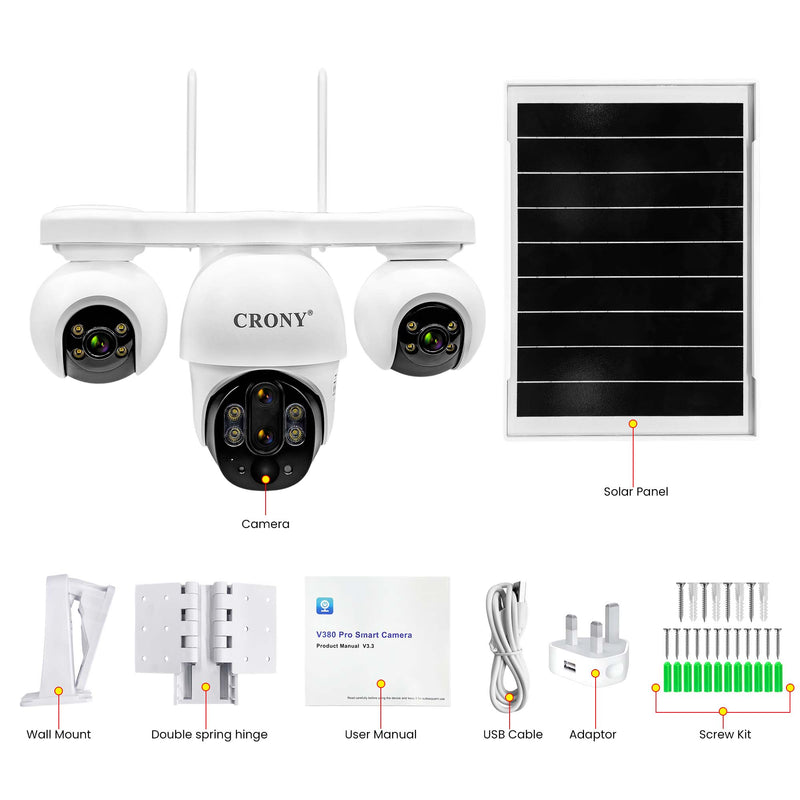CRONY P19DL 4MP Solar Security Camera, WiFi PTZ Outdoor Camera with 8000mAh Battery, 10X Optical Zoom, 355° Pan 90° Tilt, AI Human Tracking, Motion Detection, Two-Way Audio, IR Night Vision, IP65 Waterproof, V380 Pro App, SD Card Storage
