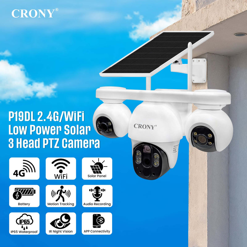 CRONY P19DL 4MP Solar Security Camera, WiFi PTZ Outdoor Camera with 8000mAh Battery, 10X Optical Zoom, 355° Pan 90° Tilt, AI Human Tracking, Motion Detection, Two-Way Audio, IR Night Vision, IP65 Waterproof, V380 Pro App, SD Card Storage