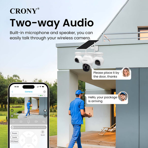 CRONY P19DL 4MP Solar Security Camera, WiFi PTZ Outdoor Camera with 8000mAh Battery, 10X Optical Zoom, 355° Pan 90° Tilt, AI Human Tracking, Motion Detection, Two-Way Audio, IR Night Vision, IP65 Waterproof, V380 Pro App, SD Card Storage