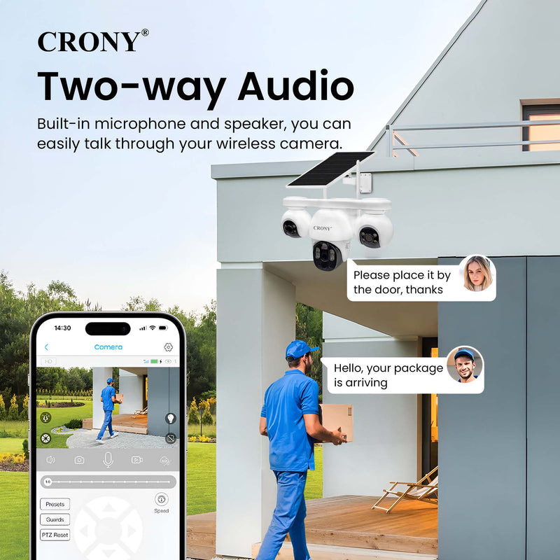 CRONY P19DL 4MP Solar Security Camera, WiFi PTZ Outdoor Camera with 8000mAh Battery, 10X Optical Zoom, 355° Pan 90° Tilt, AI Human Tracking, Motion Detection, Two-Way Audio, IR Night Vision, IP65 Waterproof, V380 Pro App, SD Card Storage