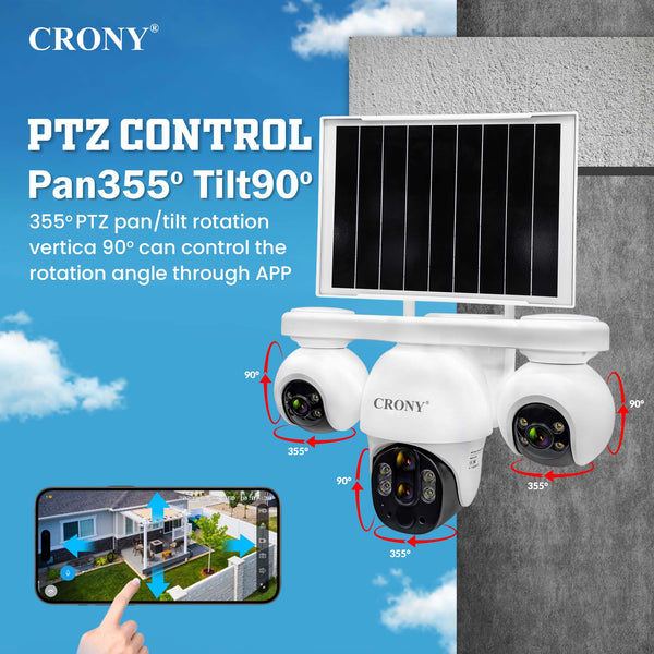 CRONY P19DL 4MP Solar Security Camera, WiFi PTZ Outdoor Camera with 8000mAh Battery, 10X Optical Zoom, 355° Pan 90° Tilt, AI Human Tracking, Motion Detection, Two-Way Audio, IR Night Vision, IP65 Waterproof, V380 Pro App, SD Card Storage
