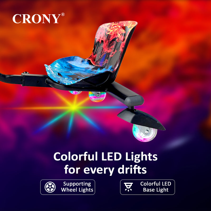 CRONY JL009 Electric Drift Car for Kids, 180W Motor, 36V 3.4Ah Battery, 15KM/H Speed, 5-10KM Range, Carbon Steel Frame, Colorful LED Headlamp, Rear LED Wheels, Electric Brake, Bluetooth Speaker, LCD Power Display, 3 Speed Modes with Helmet & Safety Gear