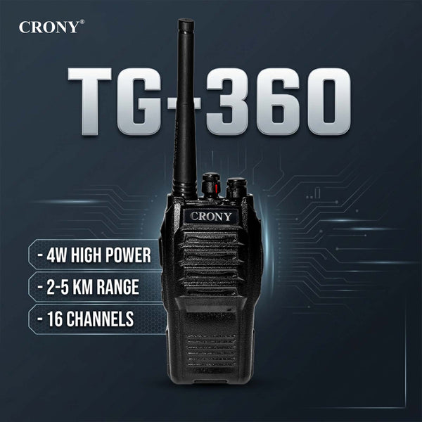 CRONY TG-360 4W Walkie Talkie, Portable UHF Two-Way Radio 400-470MHz, 2-5KM Long Range, 3200mAh Rechargeable Battery, 16 Channels, LED Flashlight, Dual Antennas, Computer Programmable, 1 Year Warranty for Device, 1 Month Warranty for Battery & Charger