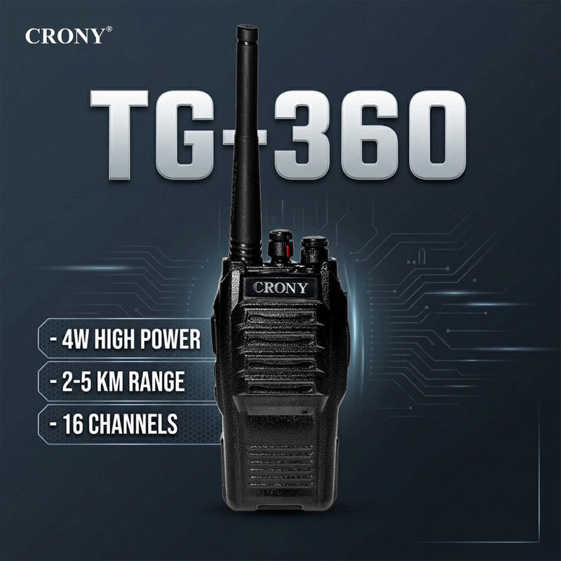 CRONY TG-360 4W Walkie Talkie, Portable UHF Two-Way Radio 400-470MHz, 2-5KM Long Range, 3200mAh Rechargeable Battery, 16 Channels, LED Flashlight, Dual Antennas, Computer Programmable, 1 Year Warranty for Device, 1 Month Warranty for Battery & Charger