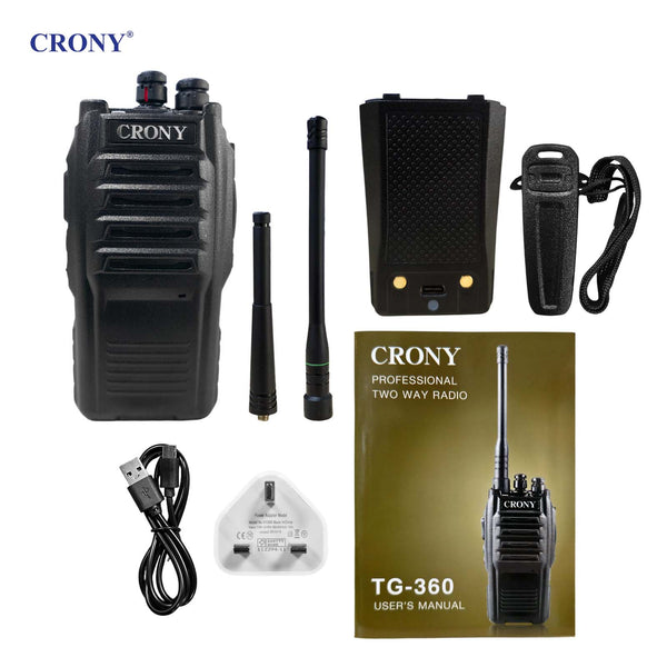 CRONY TG-360 4W Walkie Talkie, Portable UHF Two-Way Radio 400-470MHz, 2-5KM Long Range, 3200mAh Rechargeable Battery, 16 Channels, LED Flashlight, Dual Antennas, Computer Programmable, 1 Year Warranty for Device, 1 Month Warranty for Battery & Charger