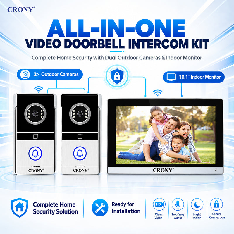 CRONY TY102T-HTD1X2 Smart Video Intercom Doorbell, 10.1-Inch 1024×600 Monitor, 2MP Camera, 2.4G WiFi, Tuya Smart App, ID Card & Monitor Unlock, Remote APP Unlock, Motion Detection, Two-Way Audio, IR Night Vision, 120° Wide-Angle View, Weatherproof