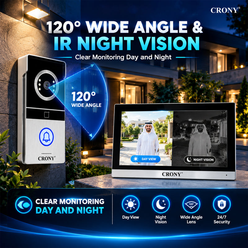 CRONY TY102T-HTD1X2 Smart Video Intercom Doorbell, 10.1-Inch 1024×600 Monitor, 2MP Camera, 2.4G WiFi, Tuya Smart App, ID Card & Monitor Unlock, Remote APP Unlock, Motion Detection, Two-Way Audio, IR Night Vision, 120° Wide-Angle View, Weatherproof
