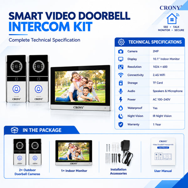 CRONY TY102T-HTD1X2 Smart Video Intercom Doorbell, 10.1-Inch 1024×600 Monitor, 2MP Camera, 2.4G WiFi, Tuya Smart App, ID Card & Monitor Unlock, Remote APP Unlock, Motion Detection, Two-Way Audio, IR Night Vision, 120° Wide-Angle View, Weatherproof