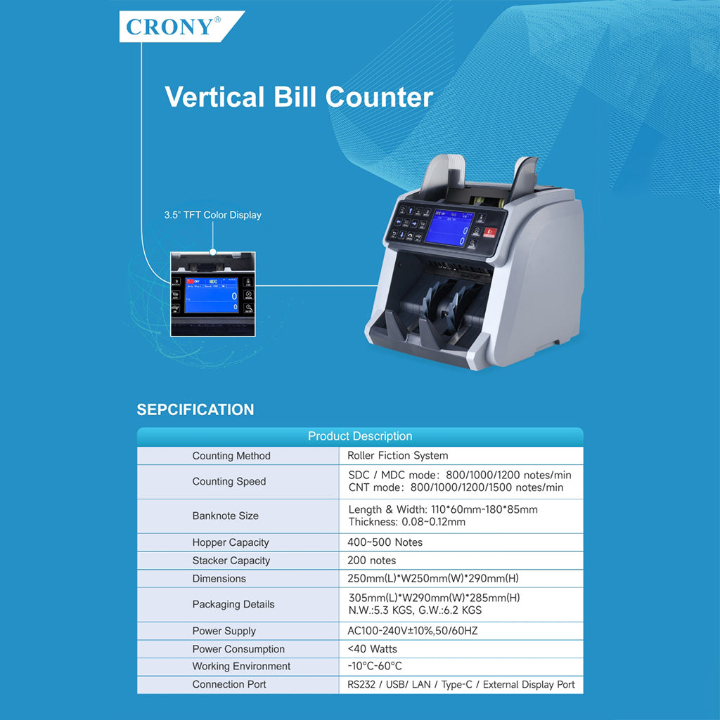 CRONY High-Efficiency Multifunctional Bill Counter WRM-995 with Serial Number Recognition and High-Speed Counting Banknote Verifiers