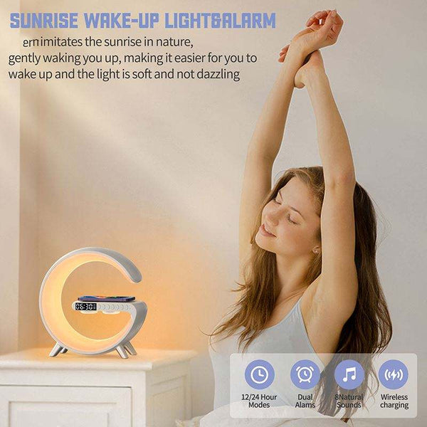 BT large G table lamp with clock strap, Wireless Charging Device with Digital Sunrise