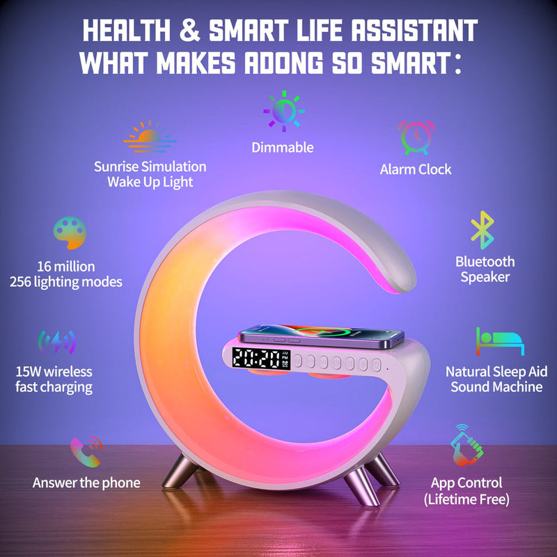 BT large G table lamp with clock strap, Wireless Charging Device with Digital Sunrise