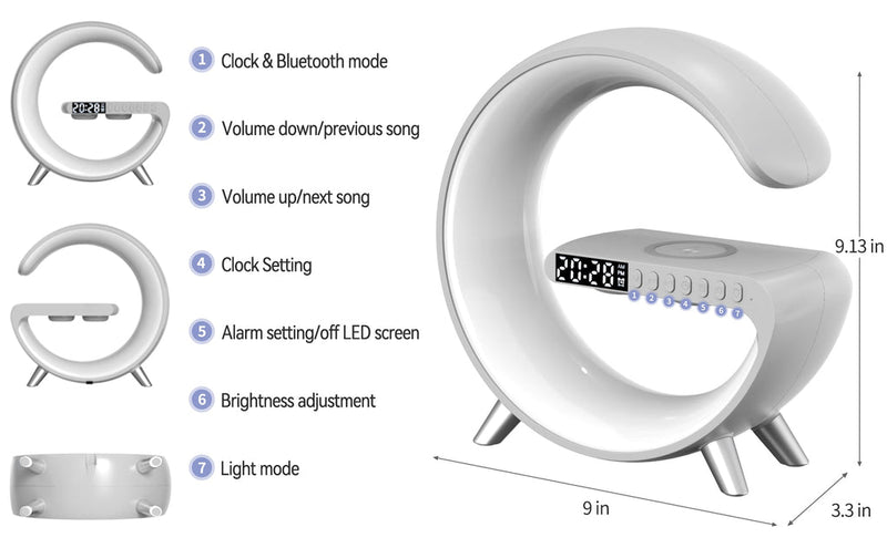 BT large G table lamp with clock strap, Wireless Charging Device with Digital Sunrise