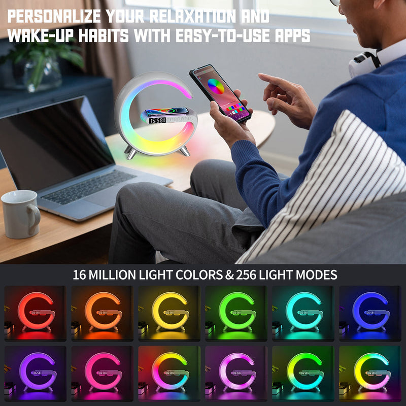 BT large G table lamp with clock strap, Wireless Charging Device with Digital Sunrise