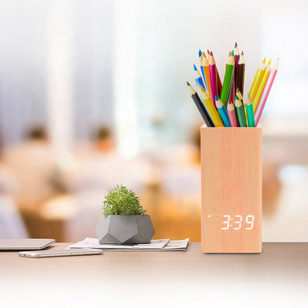 CRONY  2020 flower arranging clock wooden digital temperature pen holder alarm clock for gift