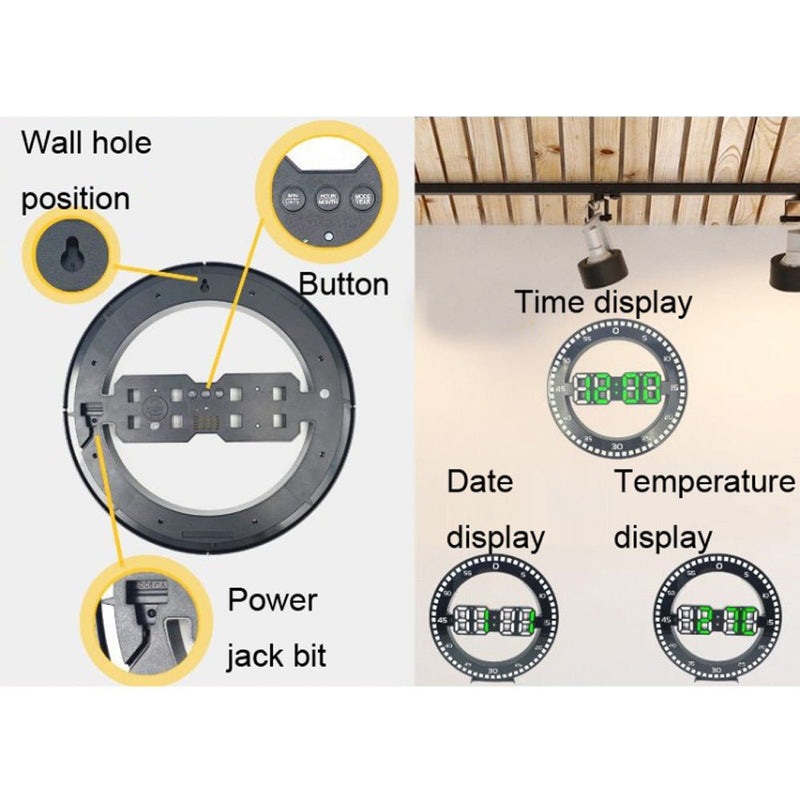 CRONY 3688L 3D bell belt running lamp Living Room 3D Wall Clock Big Screen LED Electronic Clock, Colour: Black+Green - Edragonmall.com