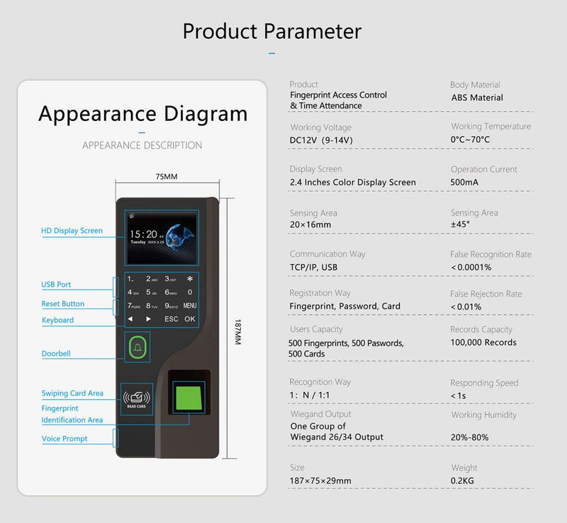 CRONY FC-B104 Fingerprint Attendance Fingerprint Remote Door App to Open The Door Software Management Time Recording Attendance Machine - Edragonmall.com
