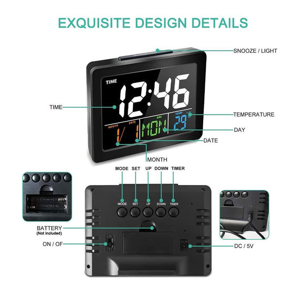 CRONY  GH-2000 Color Electronic Clock Bedside Large Screen LED Alarm Clock with Date, Temperature | White