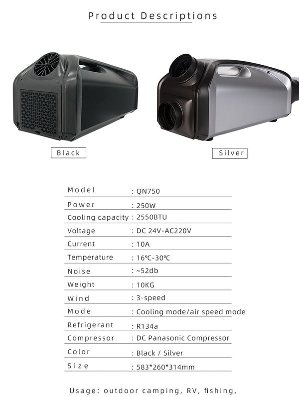 CRONY QN750 Tent air conditioning Portable Air Conditioners Home AC Cooling Unit 24V DC100-240V AC 3 Fan Speeds - Edragonmall.com