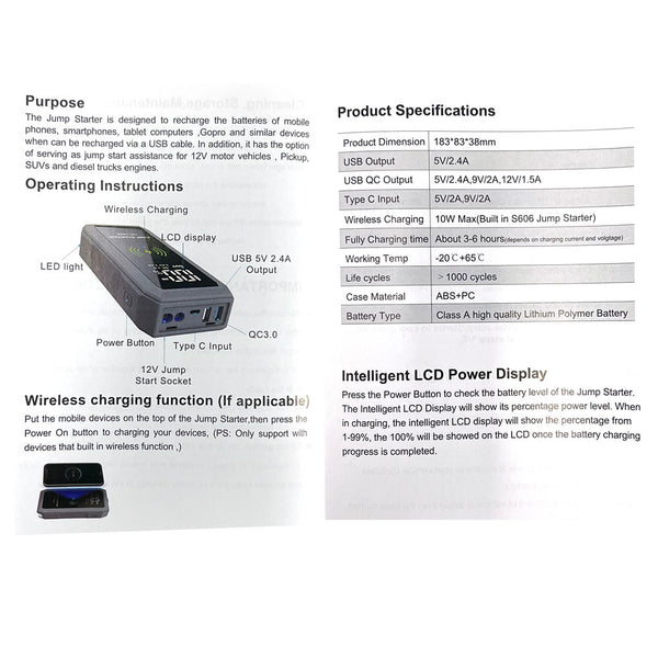 CRONY S606 Super Jumper Starter 12V Auto Car Battery Portable Jump Starter Power Station with wireless charging function - Edragonmall.com