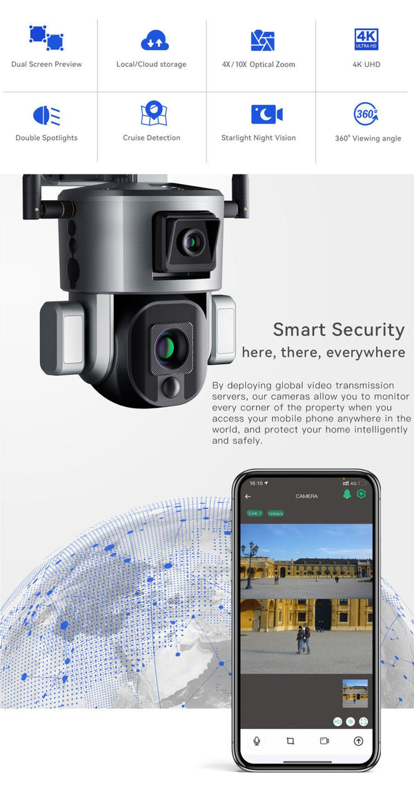 CRONY Y5 4G-4K-8MP-4X Solar Dual Linkage Battery PTZ Camera 8MP Wireless CCTV Camera Outdoor IP66 Waterproof Solar Dual Camera - Edragonmall.com