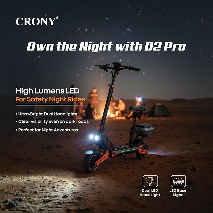 CRONY D2 Pro Electric Scooter with Seat, 1500W Motor, 50-65KM/H Speed, 30-40KM Range, Dual Suspension, Hydraulic Shock Absorbents, LCD Display, LED Lights, Bluetooth App, Rear Luggage Box