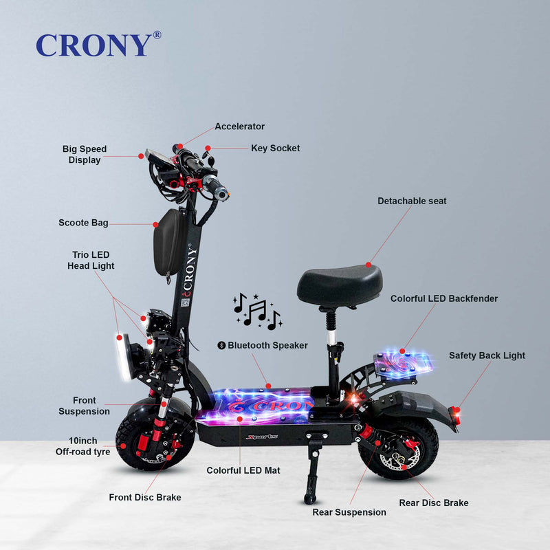 CRONY DK-11 LED 2800W high-performance E-Scoot bike built for power and stability. It features dual 2800W motors reaching speeds up to 95 KM/H, powered by a 60V 13AH lithium battery with a range of 25–40 KM
