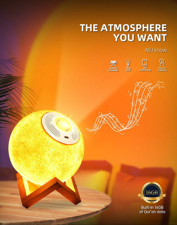 EQUANTU SQ-175 Creative Moon Lamp Quran Speaker Kids Night Light 7 Colors LED 3D Star Moon Light with Stand - Edragonmall.com