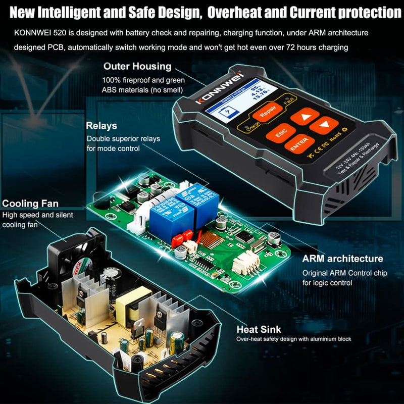 KONNWEI KW520 12V/10A-24V/5A Battery Tester+Charger+Repair Tool with tester and repair function - Edragonmall.com