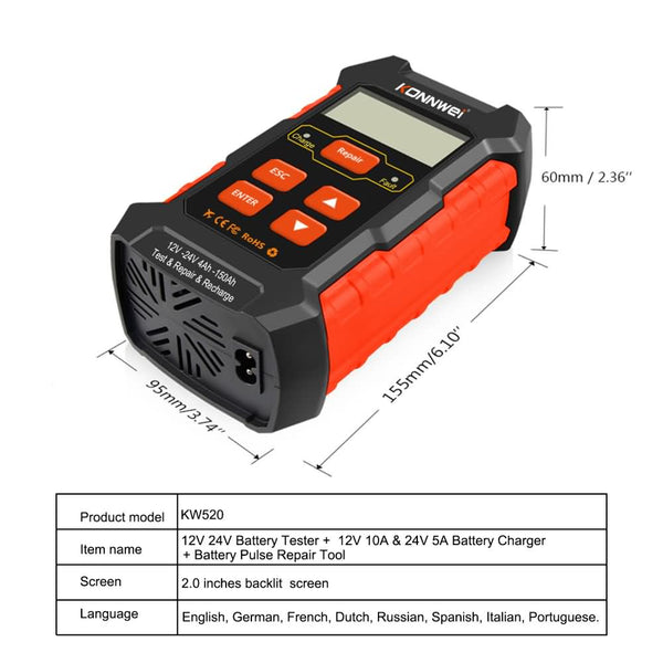 KONNWEI KW520 12V/10A-24V/5A Battery Tester+Charger+Repair Tool with tester and repair function - Edragonmall.com