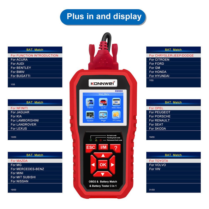 KONNWEI KW880 Battery Tester Car OBDII Battery Match Reset Tool OBDII Diagnostic Fault Scanner For 6V-12V Auto Motorcycle - Edragonmall.com