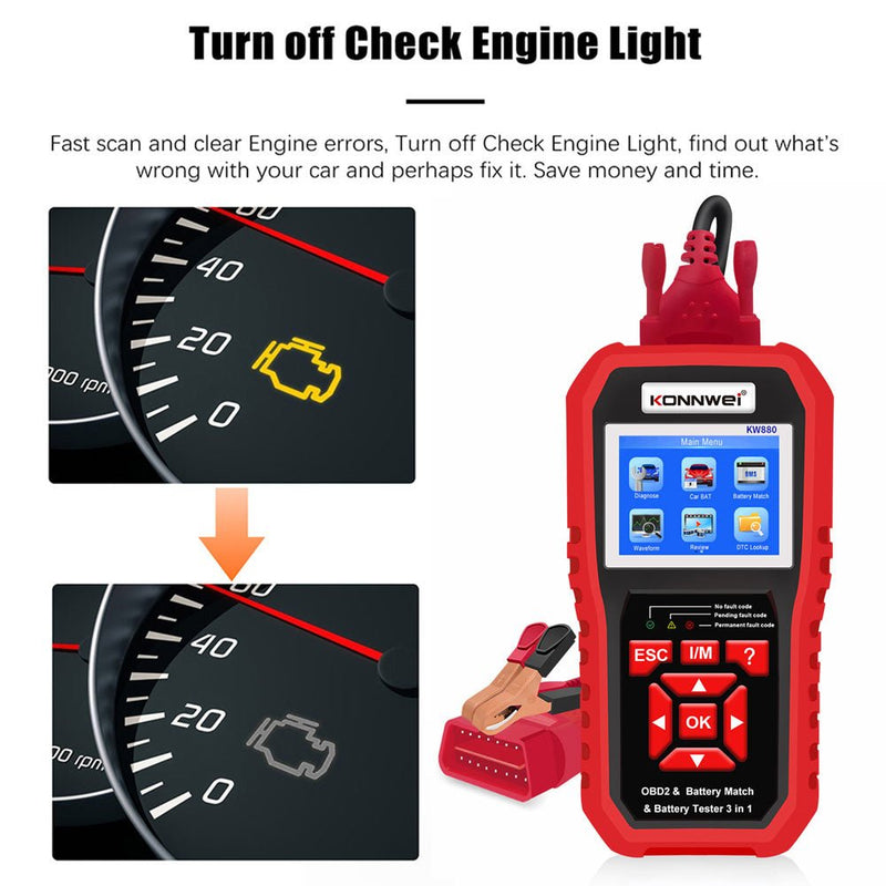KONNWEI KW880 Battery Tester Car OBDII Battery Match Reset Tool OBDII Diagnostic Fault Scanner For 6V-12V Auto Motorcycle - Edragonmall.com