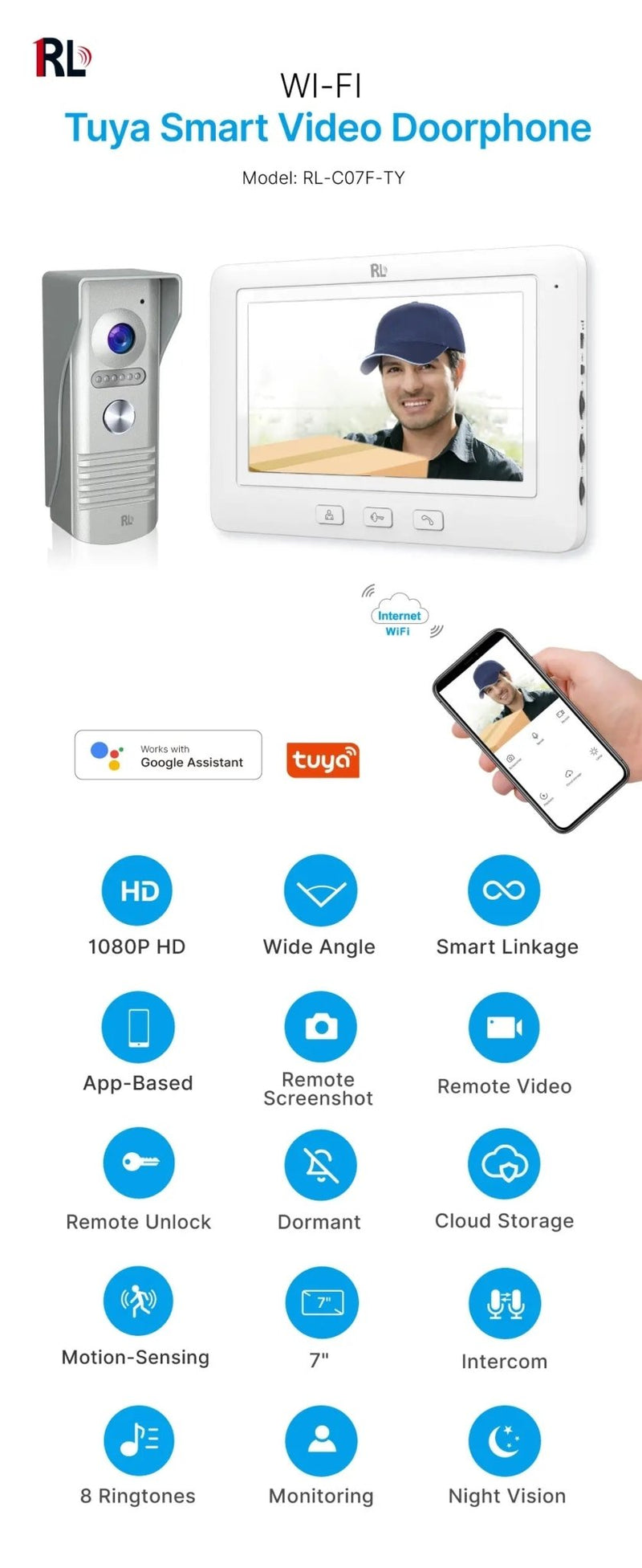 RL-C07F-TY Smart Home Video Doorphone 7" Tuya Smart Video Door Phone - Edragonmall.com