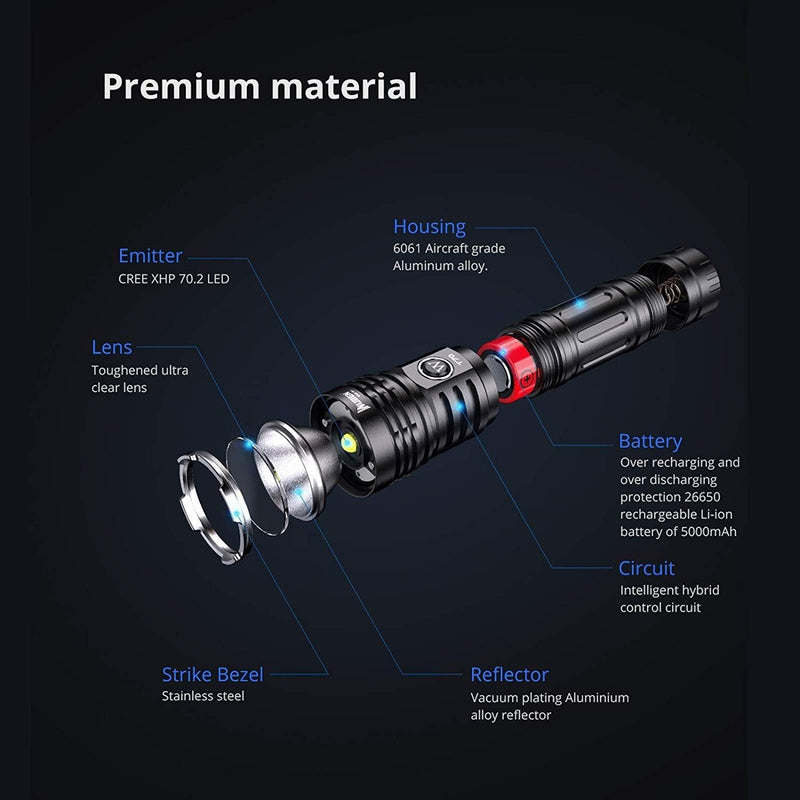 WUBEN T70 4200 Lumens Cree XHP70.2 LED Rechargeable LED 26650 High Performance Flashlight for Outdoor and Camping Activities - Edragonmall.com