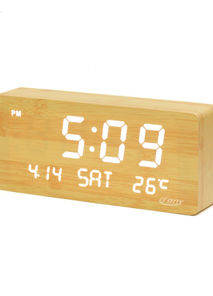 CRONY 1501 LED Perpetual Calendar Week Wooden Alarm Clock Thermometer Weekday Alarm Clock