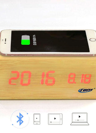 CRONY CN1299 Wooden Digital LED Clock with Wireless Moblie charging Bluetooth Speaker Alarm Temperature