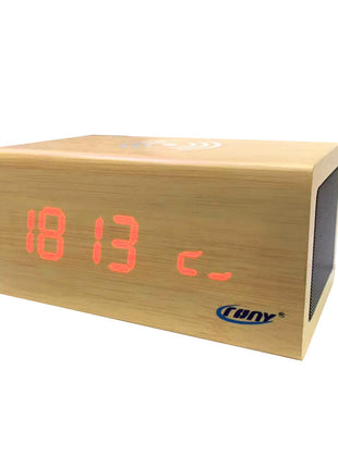 CRONY CN1299 Wooden Digital LED Clock with Wireless Moblie charging Bluetooth Speaker Alarm Temperature