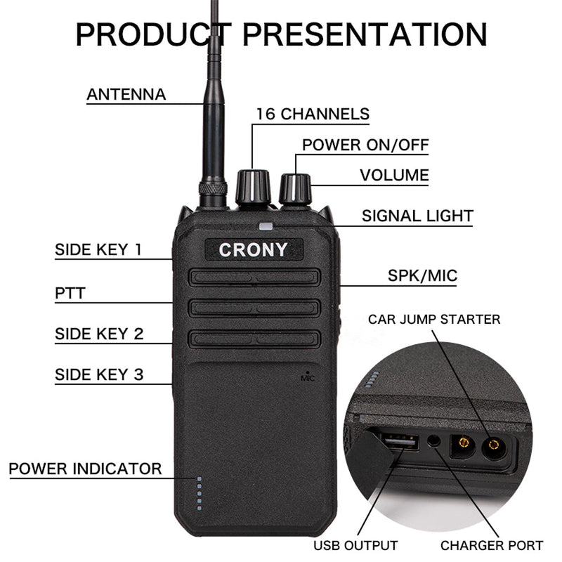 Crony 25W P30 high power professional walkie talkie with car jump start LED emergency light 15-55km