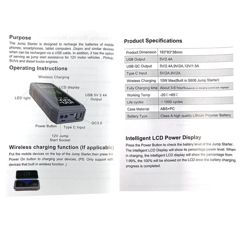 CRONY S606+Air Super Jumper Starter 12V Auto Car Battery Portable Jump Starter Power Station with wireless charging function